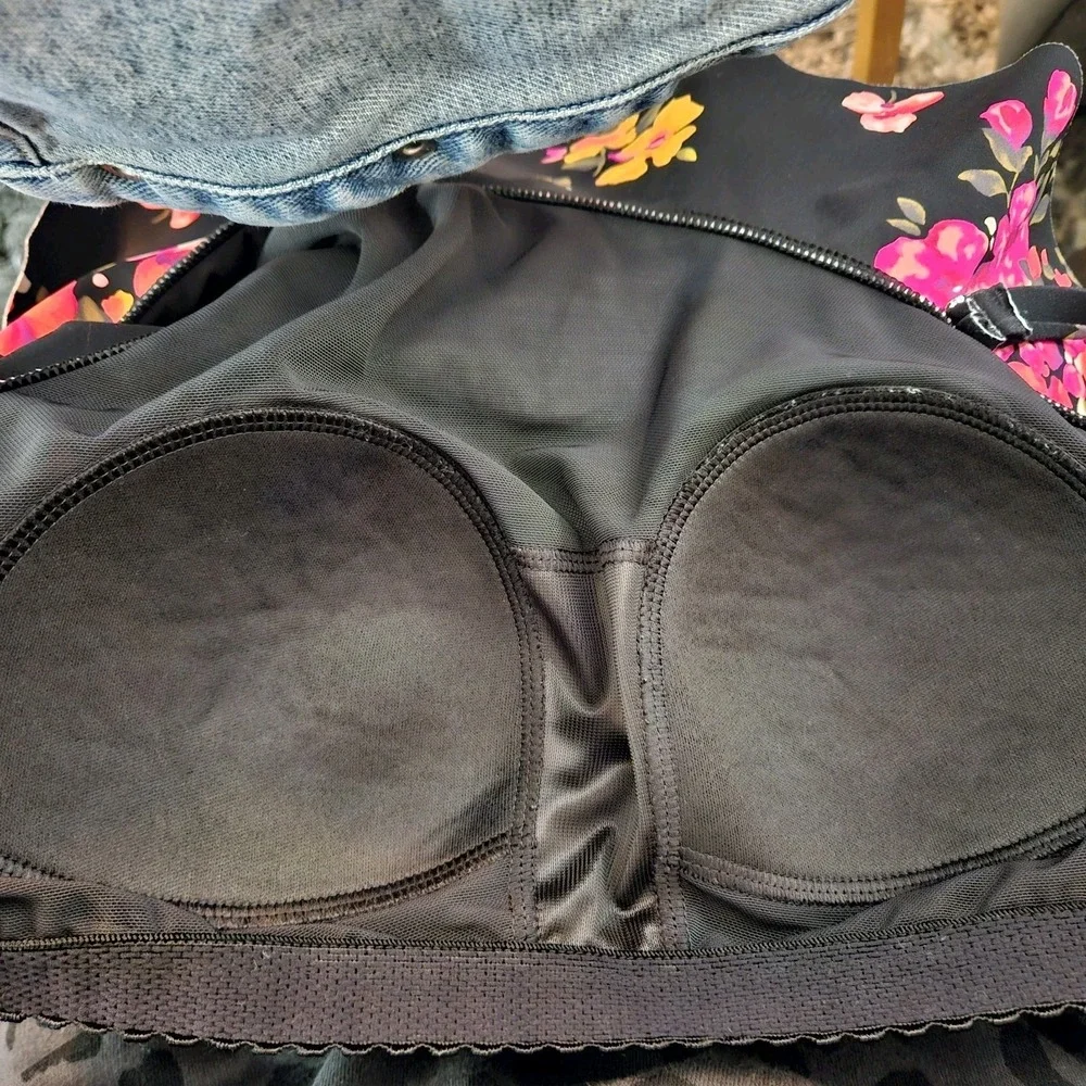 Lands End Womens One‎ Shoulder Ruffle Tankini Top  Size 8 Black Floral